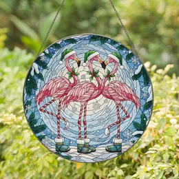 Festive Holiday Lovers' Vibrant Pink Stained Glass Flamingos Santa Hats Winter Wonderland Mosaic Stained Glass Suncatcher