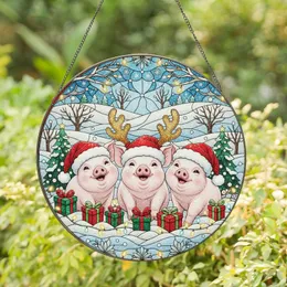 Christmas Enthusiasts' Glowing Tiffany Stained Glass Piglets Red Green Gold Winter Mosaic Pattern Stained Glass Suncatcher