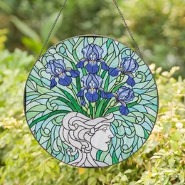 Art Lovers' 8K Tiffany Stained Glass Vibrant Blue Iris Flowers Abstract Face Vase Emerald Green Swirls Stained Glass Suncatcher