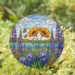 Nature Lovers' Vibrant Tiffany Stained Glass Poppies Lupines Irises Mosaic Landscape Stained Glass Suncatcher