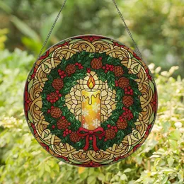 Holiday Decorators' Tiffany Style Stained Glass Golden Candle, Snowflake & Berry Wreath Mosaic Stained Glass Suncatcher