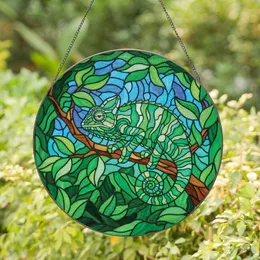 Nature Lovers' Intricate Tiffany Style Emerald Green Teal Blue Stained Glass Chameleon Jungle Art Stained Glass Suncatcher