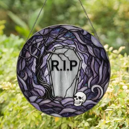 Gothic Art Enthusiasts' Tiffany Stained Glass RIP Tombstone Skull Mystical Mist Iridescent Purple Green Stained Glass Suncatcher