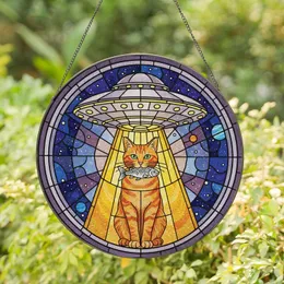 Cat & Sci-Fi Enthusiasts' Vibrant Tiffany Stained Glass Orange Tabby UFO Cosmic Art Stained Glass Suncatcher