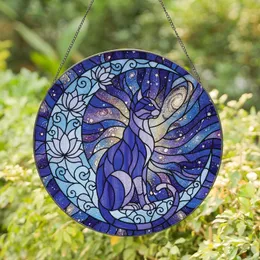 Cat Lovers' Jewel Tone Stained Glass Celestial Cat Crescent Moon Ornate Indigo Sapphire Art Stained Glass Suncatcher