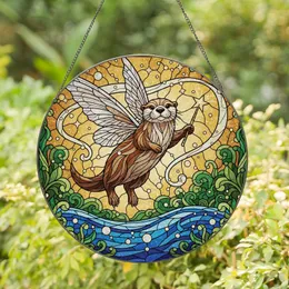 Whimsical Art Enthusiasts' Tiffany Stained Glass Flying Otter, Iridescent Wings, Magic Wand, Amber Blue Green Enchanted Mosaic Stained Glass Suncatcher