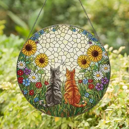 Cat Lovers' Tiffany Stained Glass Tabby & Ginger Cats Wildflowers Jewel Tone Art Stained Glass Suncatcher