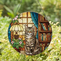 Cat Lovers' Jewel-Tone Stained Glass Tabby Cat Teal Blue & Yellow Interior Mosaic Art Stained Glass Suncatcher