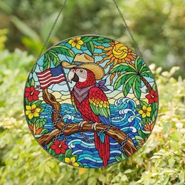 Tropical Bird Lovers' Vibrant Tiffany Stained Glass Parrot Cowboy Hat American Flag Emerald Sapphire Ruby Amber Mosaic Stained Glass Suncatcher