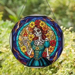 Art Lovers' Intricate Tiffany Stained Glass Catrina Skull Woman with Radiant Marigold Flowers, Teal, Gold, Deep Jewel Tones Stained Glass Suncatcher