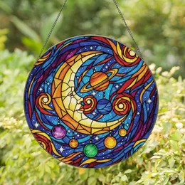 Celestial Art Lovers' Tiffany Stained Glass Crescent Moon Planets Nebula Golden Orange Blue Purple Emerald Pattern Stained Glass Suncatcher