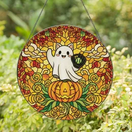 Halloween Enthusiasts Whimsical Stained Glass Ghost, Cat Ears, Jack-o'-Lantern, Vibrant Autumn Jewel Tones Stained Glass Suncatcher
