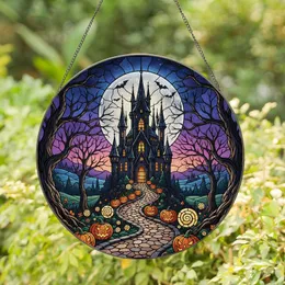 Gothic Fantasy Aficionados' Intricate Tiffany Style Stained Glass Gothic Castle Jack-O'-Lantern Mosaic with Indigo & Fiery Orange Hues Stained Glass Suncatcher