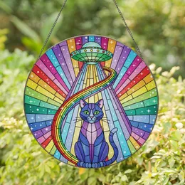 Cat Lovers' Whimsical Stained Glass Blue Cat UFO Rainbow Sparkle Mosaic Stained Glass Suncatcher