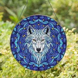 Wildlife Admirers' Tiffany Style White Wolf Sapphire Blue Golden Yellow Jewel Tone Mosaic Stained Glass Suncatcher
