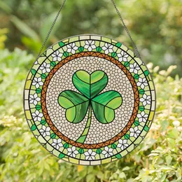 Stained Glass Art Fans' Vibrant Emerald Green Shamrock Tiffany Mosaic Golden Yellow & White Floral Pattern Stained Glass Suncatcher