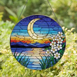 Art Lovers' Tiffany Style Stained Glass Crescent Moon Starry Night Water Reflection Blue Golden Orange Mosaic Stained Glass Suncatcher