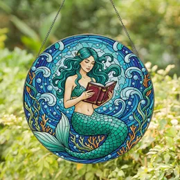 Fantasy Art Lovers' Tiffany Stained Glass Mermaid Reading Book Teal Emerald Ocean Mosaic Stained Glass Suncatcher