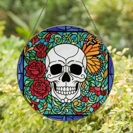 Art Lovers' Intricate Stained Glass White Sugar Skull, Red Roses, Orange Monarch, Jewel Tone Floral Mosaic Stained Glass Suncatcher