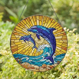 Ocean Lovers' Detailed Tiffany Stained Glass Leaping Dolphin Wave Mosaic Art, Azure Blue Violet Amber Hues Stained Glass Suncatcher