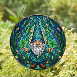 Fantasy Art Lovers' Whimsical Stained Glass Gnome with Clovers, Jewel Tone Blue Green Mosaic Stained Glass Suncatcher