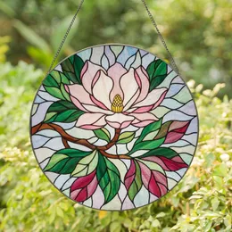 Nature Lovers' Vibrant Pink Fuchsia Magnolia Stained Glass Emerald Leaf Design Stained Glass Suncatcher