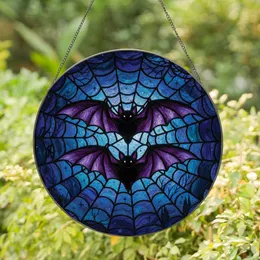 Gothic Art Admirers' Tiffany Stained Glass Bats Spiderweb Night Sky Mosaic Purple Blue Teal Stained Glass Suncatcher