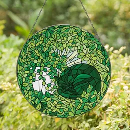 Cat Lovers' Intricate Tiffany Stained Glass Sleeping Cat, Variegated Green Jewel Tone Garden Mosaic Stained Glass Suncatcher