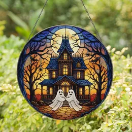 Spooky Season Fans' Stained Glass Glowing Orange Indigo Blue Haunted Victorian Mansion Ghosts Stained Glass Suncatcher