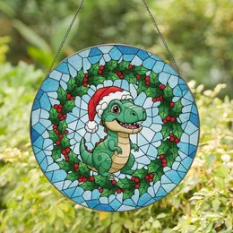 Dinosaur Lovers' Tiffany Stained Glass T-Rex Santa Hat Holly Wreath Frosty Winter Mosaic Stained Glass Suncatcher