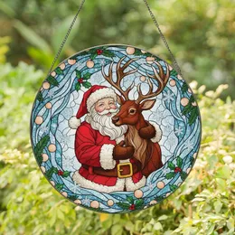 Holiday Lovers' Intricate Stained Glass Santa Reindeer Ruby Red Creamy White Golden Yellow Winter Mosaic Design Stained Glass Suncatcher
