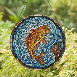 Aquatic Art Lovers' Detailed Stained Glass Leaping Fish Mosaic, Jewel Tone Orange Blue Gold Tiffany Style Stained Glass Suncatcher