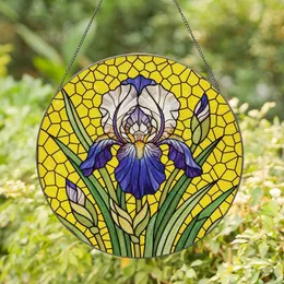 Art Lovers' Intricate Jewel Tone Iris Bloom Tiffany Stained Glass Yellow Mosaic Pattern Stained Glass Suncatcher