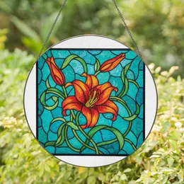 Stained Glass Art Lovers' Tiffany Style Fiery Orange-Red Lily Teal-Turquoise Mosaic Pattern Stained Glass Suncatcher