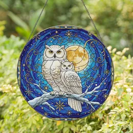 Wildlife Art Enthusiasts' Tiffany Stained Glass Snowy Owl Owlet Blue Gold Night Sky Mosaic Stained Glass Suncatcher