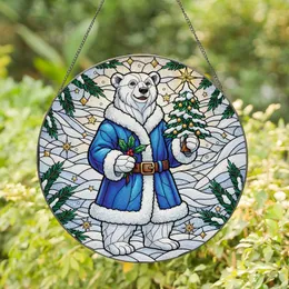 Holiday Art Lovers' Tiffany Glass Polar Bear Festive Winter Scene, Holly, Christmas Tree, Jewel Tones Stained Glass Suncatcher