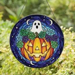 Halloween Lovers' Vivid Stained Glass Jack-o'-lantern Ghost Succulent Night Sky Pattern Stained Glass Suncatcher