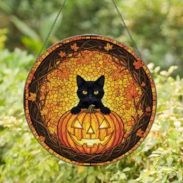 Halloween & Cat Lovers' Stained Glass Black Cat Jack-o'-Lantern Glowing Autumn Foliage Mosaic Stained Glass Suncatcher