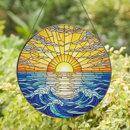 Nature Lovers' Vibrant Stained Glass Ocean Sunset Art with Tiffany Style Sun & Waves Stained Glass Suncatcher