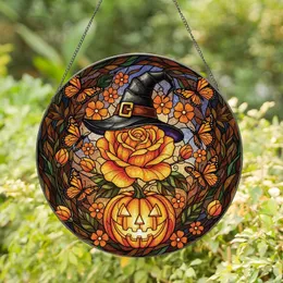 Autumn Style Lovers' Vibrant Orange Stained Glass Rose Witch Hat & Jack-o'-Lantern Monarch Mosaic Stained Glass Suncatcher