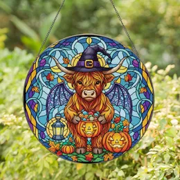 Fantasy Art Lovers' Whimsical Stained Glass Highland Cow Witch Hat Dragon Wings Jewel Tone Mosaic Stained Glass Suncatcher