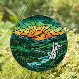 Art Enthusiasts' Vibrant Tiffany Stained Glass Sunset Bird Emerald Teal Mountain Mosaic Stained Glass Suncatcher