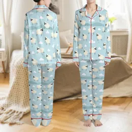 Sheep Lover Fluffy Cartoon Sheep, Sky Blue Cloud Pattern Low Top Canvas Shoes Satin Pajamas Set