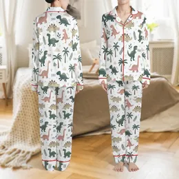 Personalized Dinosaur Lover Pajamas: Playful Jungle Dino Pattern Sleepwear Satin Pajamas Set