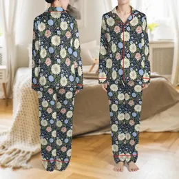 Women's Dark Floral Pajamas: Cottagecore Navy Botanical Cotton Sleep Set Satin Pajamas Set