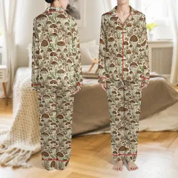 Adults' Vintage Mushroom Pajamas: Detailed Botanical Fungi & Forest Foliage Sleep Set Satin Pajamas Set