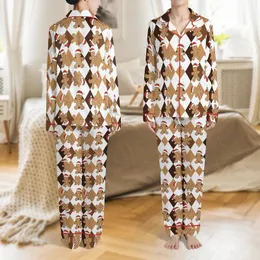 Family Christmas: Santa Gingerbread Argyle Pattern - Brown Long Sleeve Matching Raglan PJs Set Satin Pajamas Set