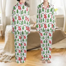 Family Christmas: Whimsical Cartoon Bear & Tree Pattern Matching Pajamas Shorts Set Satin Pajamas Set