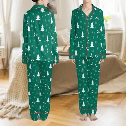 Family Custom Name Christmas Sleep Set: Emerald Green Satin Loungewear with Holly & Star Pattern Satin Pajamas Set
