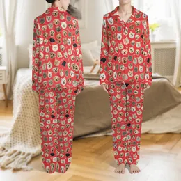 Personalized Pet Lover Red All-Over Dog & Cat Photo Face Custom Name Soft Family Sleepwear Set Satin Pajamas Set